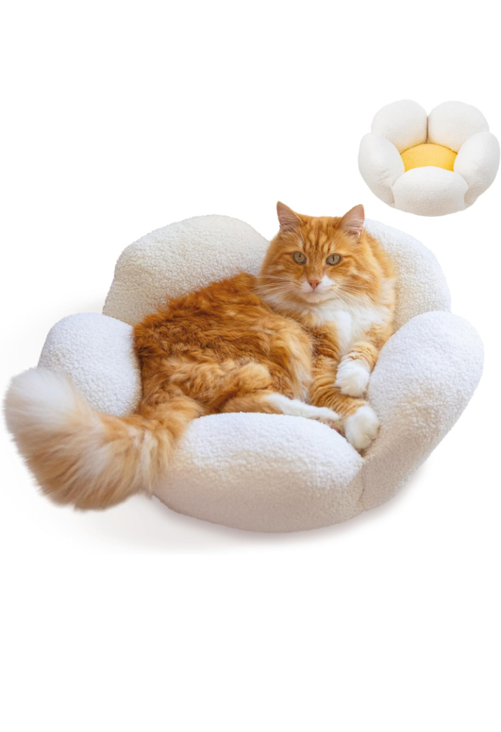 Purrfect Petals Washable Flower Shaped Round Cat Bed for Indoor Cats, Plush, White