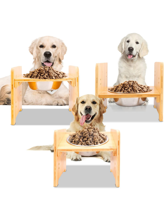 Set of 2 Raised Pet Bowls for Cats and Small Dogs - Bamboo Tilted Single Elevated Dog Cat Food and Water Stand Feeder with 2 Stainless Steel Bowls and Anti Slip Feet for Comfort Feeding(Medium)